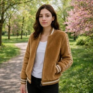 MOTHER Letterman Faux Fur Bomber Jacket – Camel | Size M